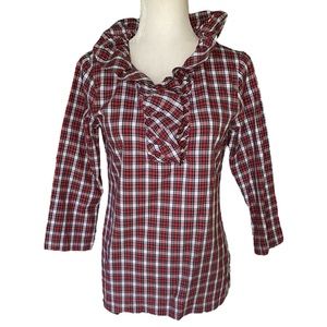 Devon Baer Red Plaid Tartan Ruffle Blouse - S